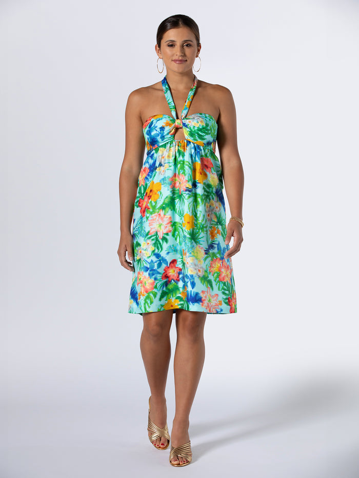 Magenta tropical-print Lotte dress with gold heels, full front view on white background.