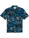 Blue and black palm tree print short-sleeve cotton shirt, front view on white background.