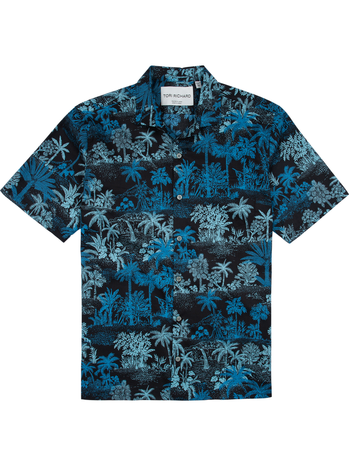 Blue and black palm tree print short-sleeve cotton shirt, front view on white background.