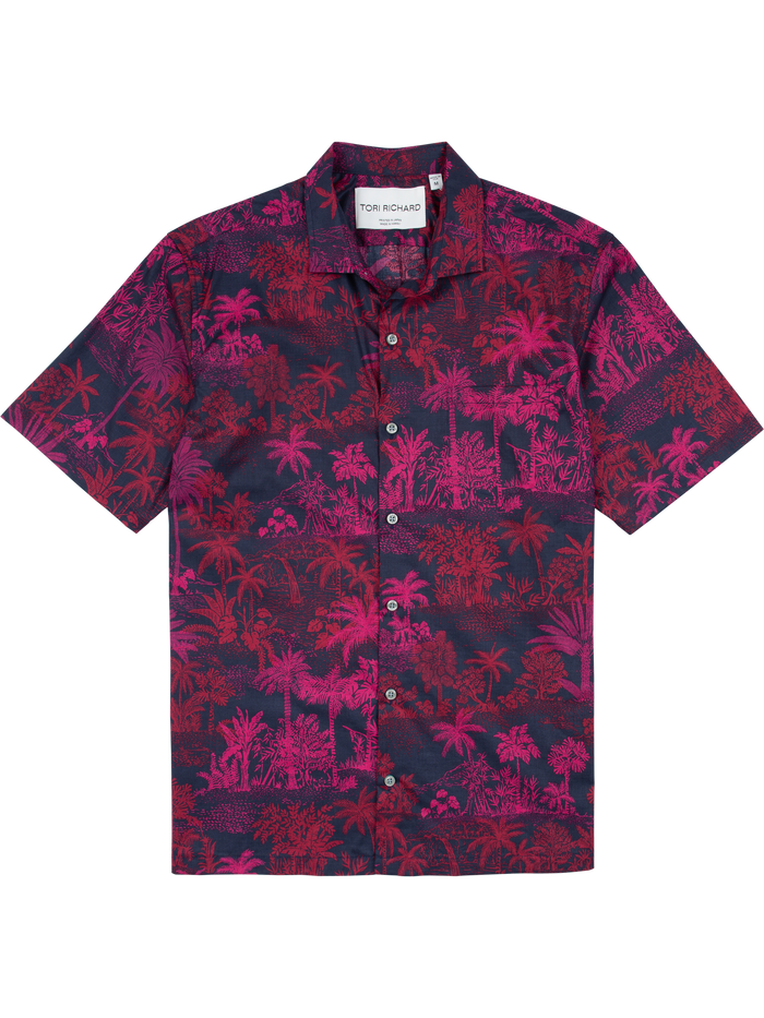Front views of a multicolor tropical palm tree print cotton short-sleeve shirt.