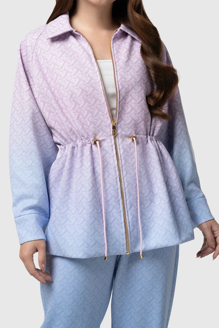 tropical26 cinched jacket in pink/blue by buttonscarves front view