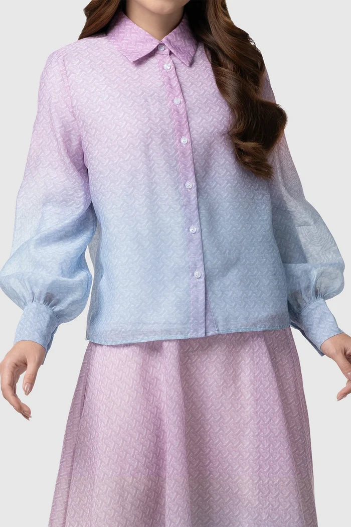tropical26 crop shirt in pink/blue by buttonscarves front view