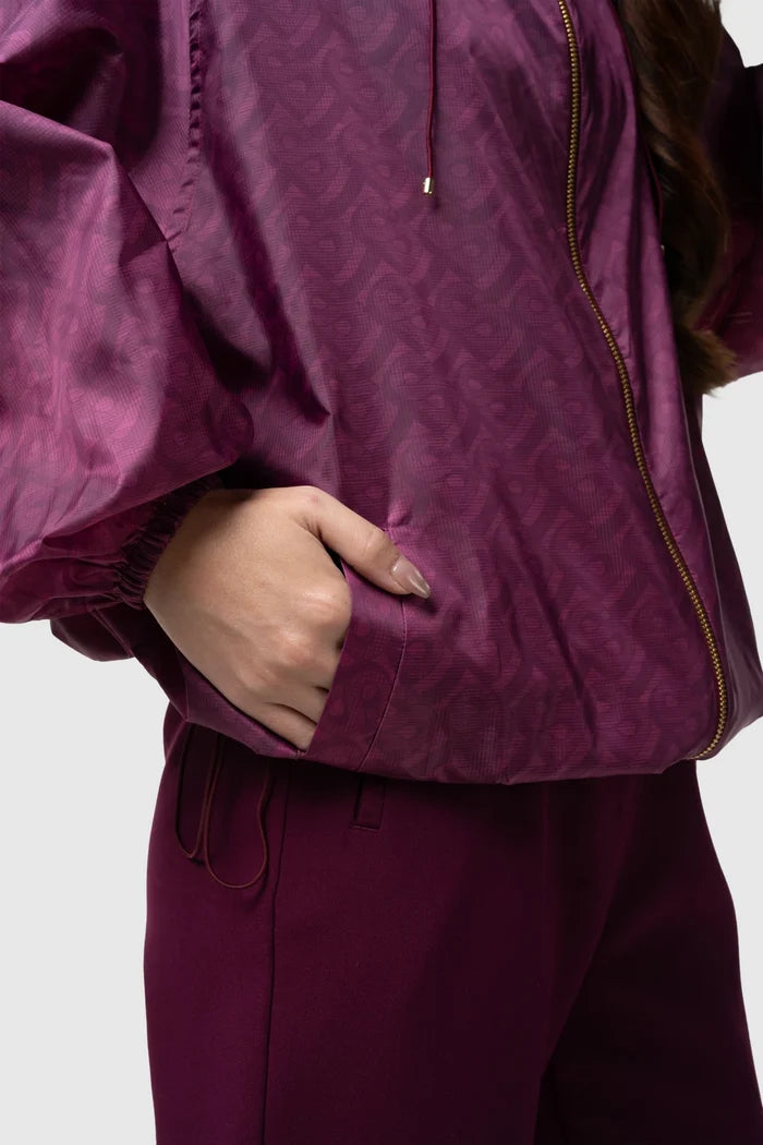 tropical26 layered jacket in burgundy by buttonscarves kangaroo pocket detail