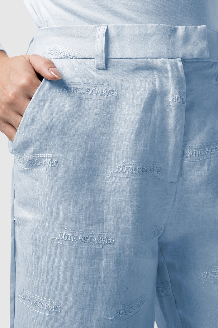 tropical26 linen pants in blue sky by buttonscarves detail close-up
