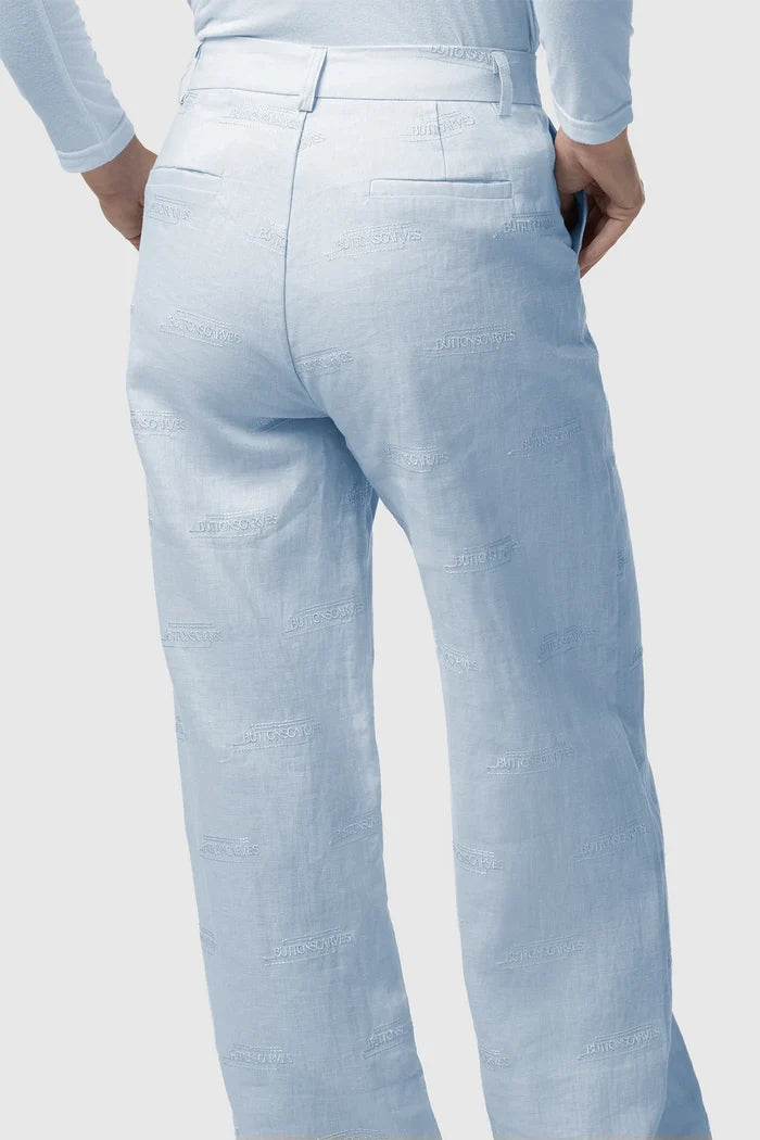 tropical26 linen pants in blue sky by buttonscarves back view
