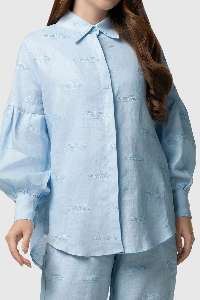 tropical26 linen puff shirt in blue sky by buttonscarves front view