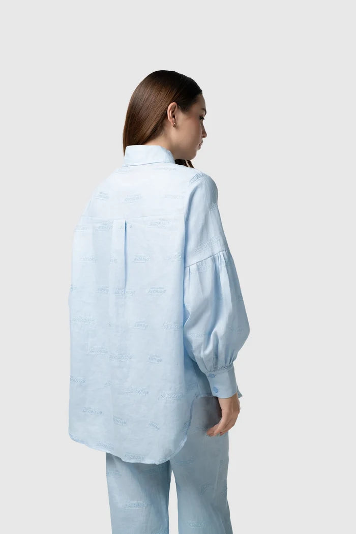 tropical26 linen puff shirt in blue sky by buttonscarves back view