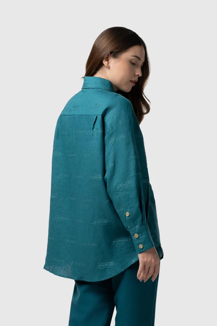 tropical26 linen shirt in deep teal by buttonscarves back view