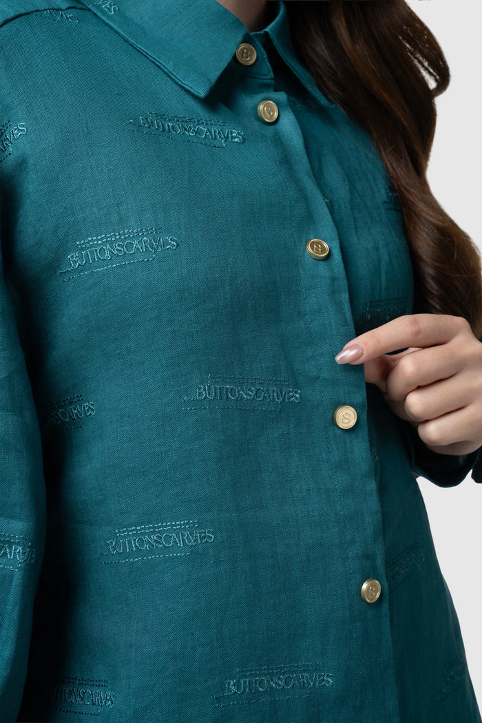 tropical26 linen shirt in deep teal by buttonscarves detail close-up