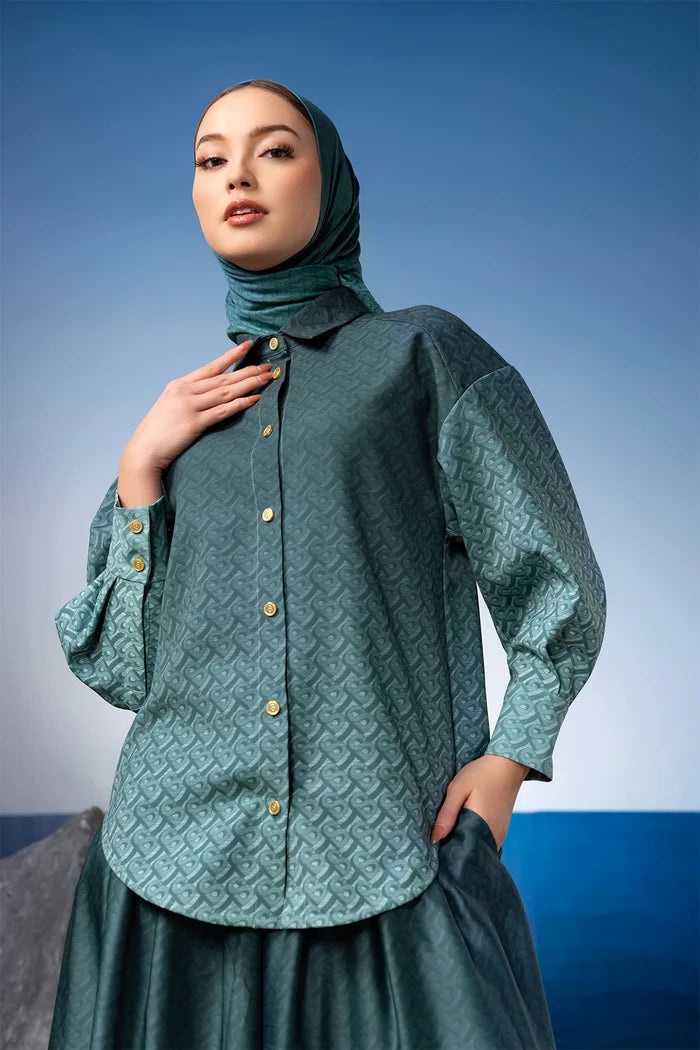 tropical26 oversized shirt in deep teal by buttonscarves style look
