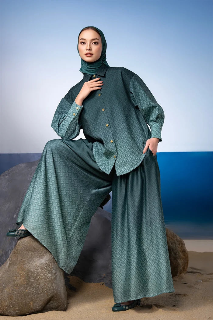 tropical26 palazzo pants in deep teal by buttonscarves style look