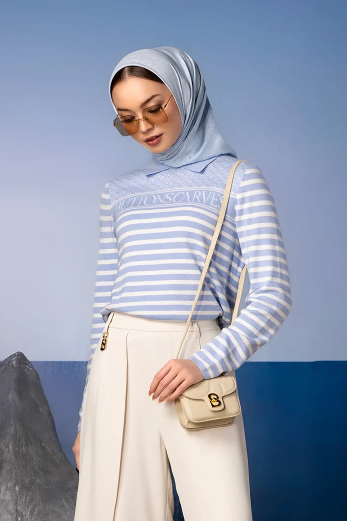 tropical26 polo knit in blue by buttonscarves style look