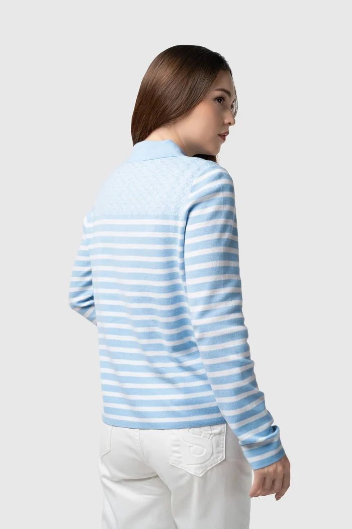 tropical26 polo knit in blue by buttonscarves back view