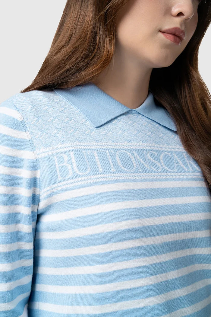 tropical26 polo knit in blue by buttonscarves detail close-up
