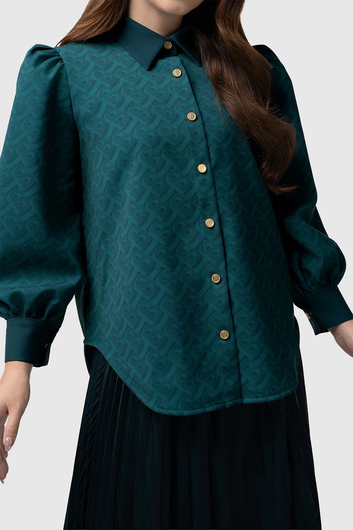 tropical26 puff shirt in deep teal by buttonscarves front view