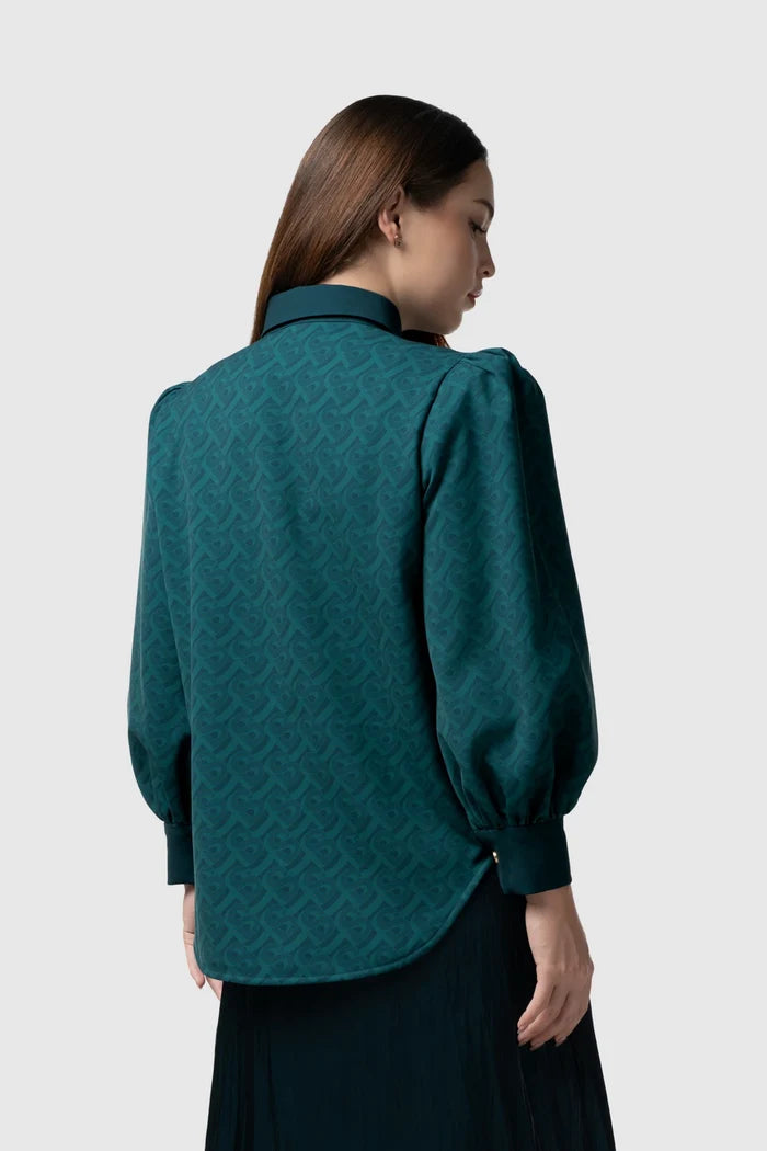 tropical26 puff shirt in deep teal by buttonscarves back view