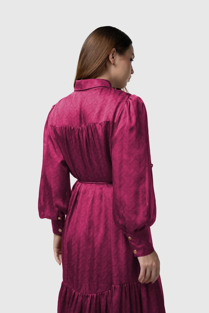 tropical26 ruffle dress in burgundy by buttonscarves back view