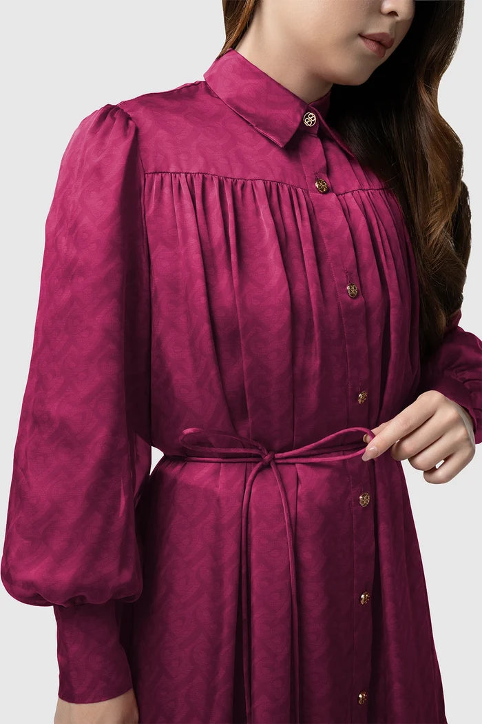 tropical26 ruffle dress in burgundy by buttonscarves detail close-up