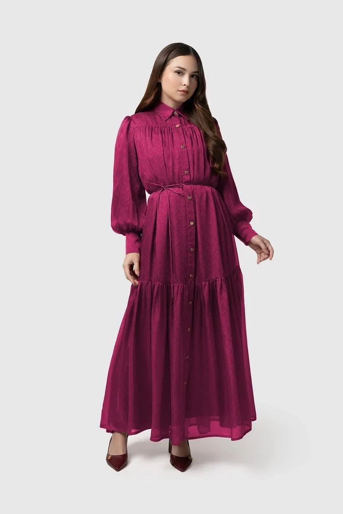 tropical26 ruffle dress in burgundy by buttonscarves full look