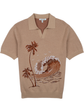Tan short-sleeve sweater polo with palm tree and ocean wave front graphic, front view.