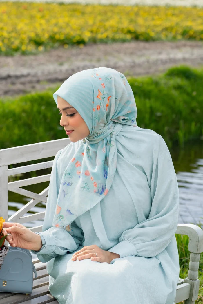 tulip printed square scarf in breeze by buttonscarves style look