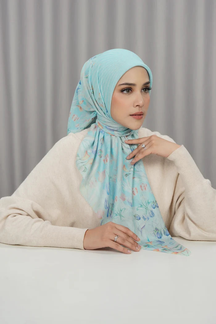 tulip printed square scarf in breeze by buttonscarves front view