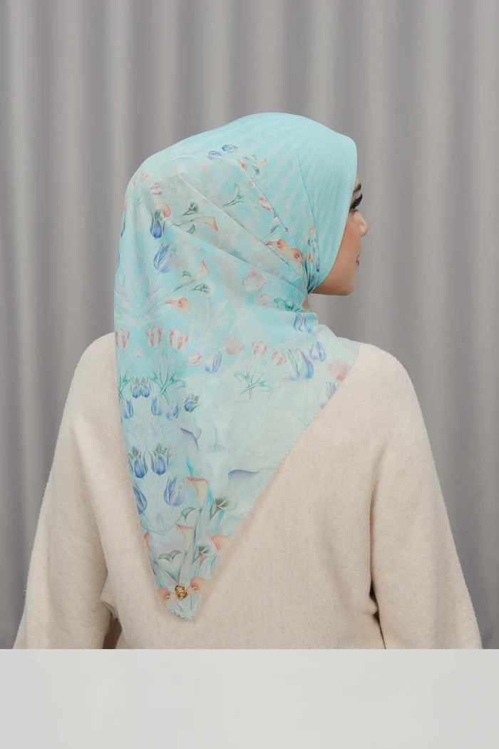 tulip printed square scarf in breeze by buttonscarves back view