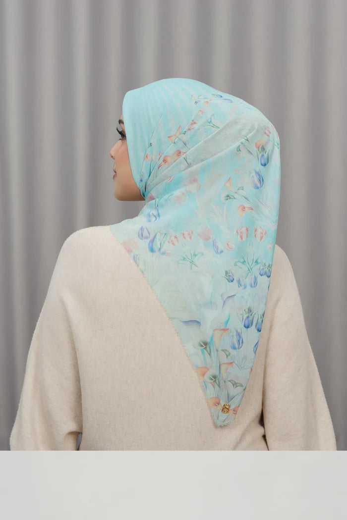 tulip printed square scarf in breeze by buttonscarves back view