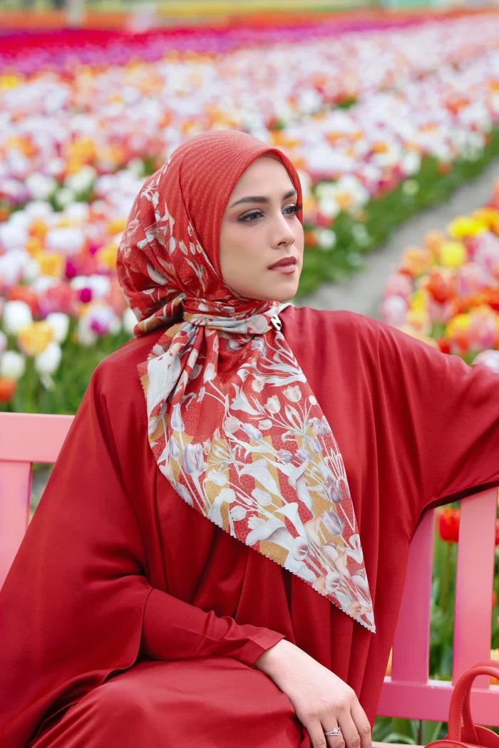 tulip printed square scarf in cherry by buttonscarves style look