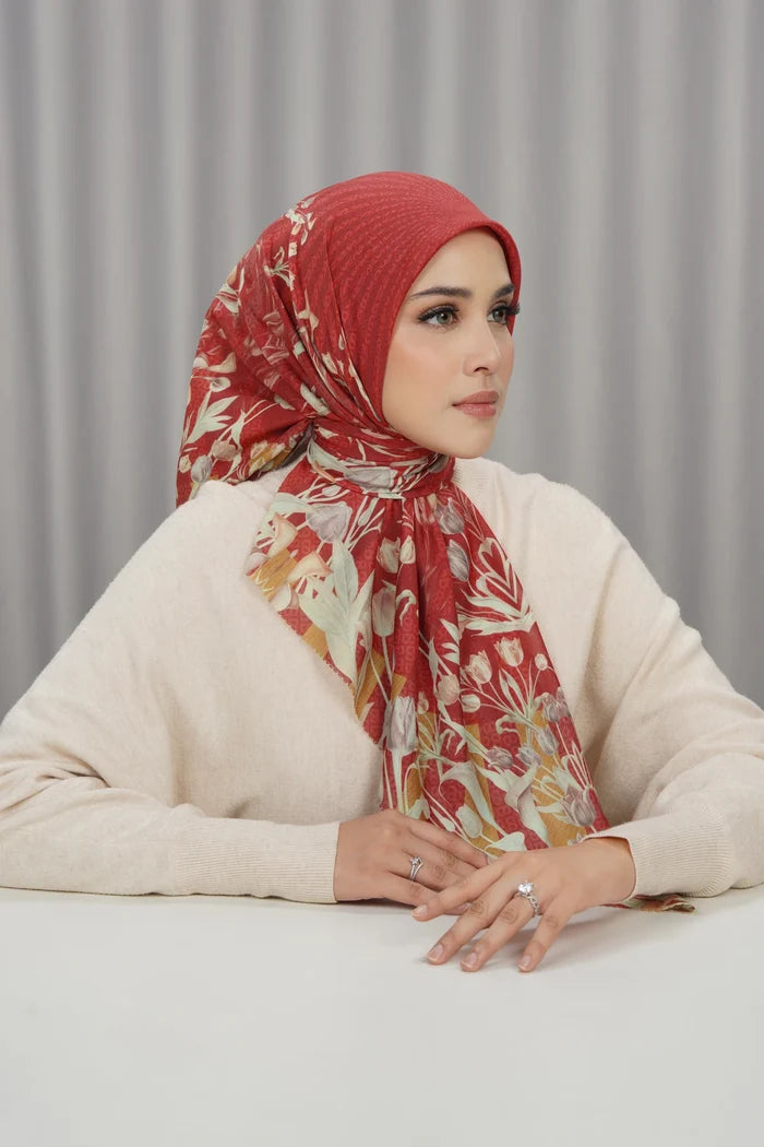 tulip printed square scarf in cherry by buttonscarves front view