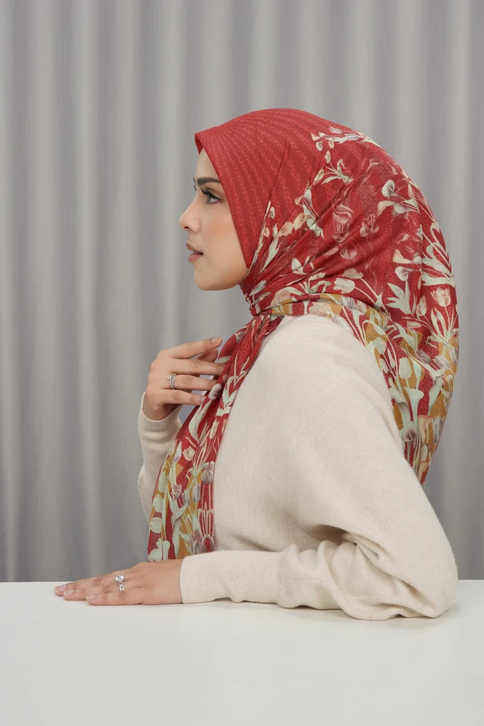 tulip printed square scarf in cherry by buttonscarves side view