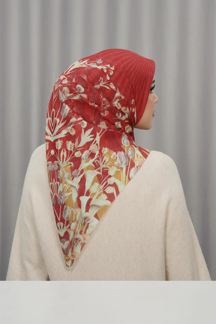 tulip printed square scarf in cherry by buttonscarves back view