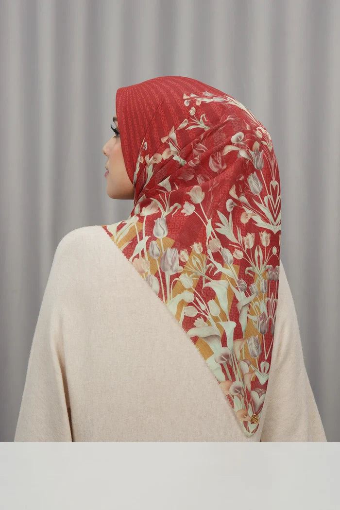 tulip printed square scarf in cherry by buttonscarves back view
