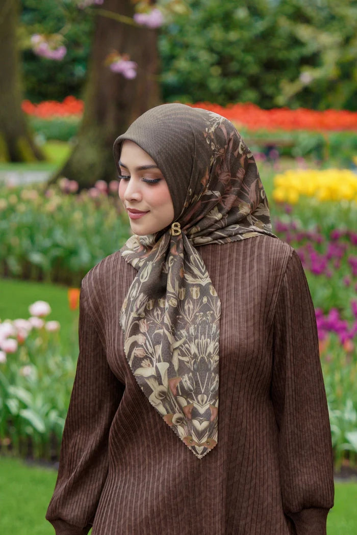 tulip printed square scarf in coffee by buttonscarves style look