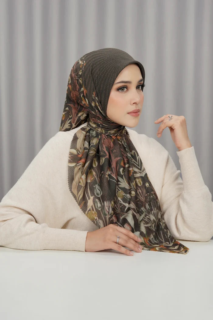 tulip printed square scarf in coffee by buttonscarves front view