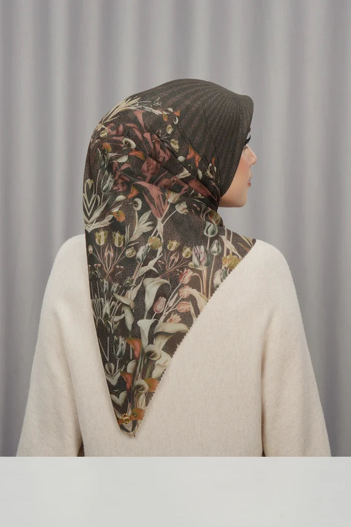 tulip printed square scarf in coffee by buttonscarves back view