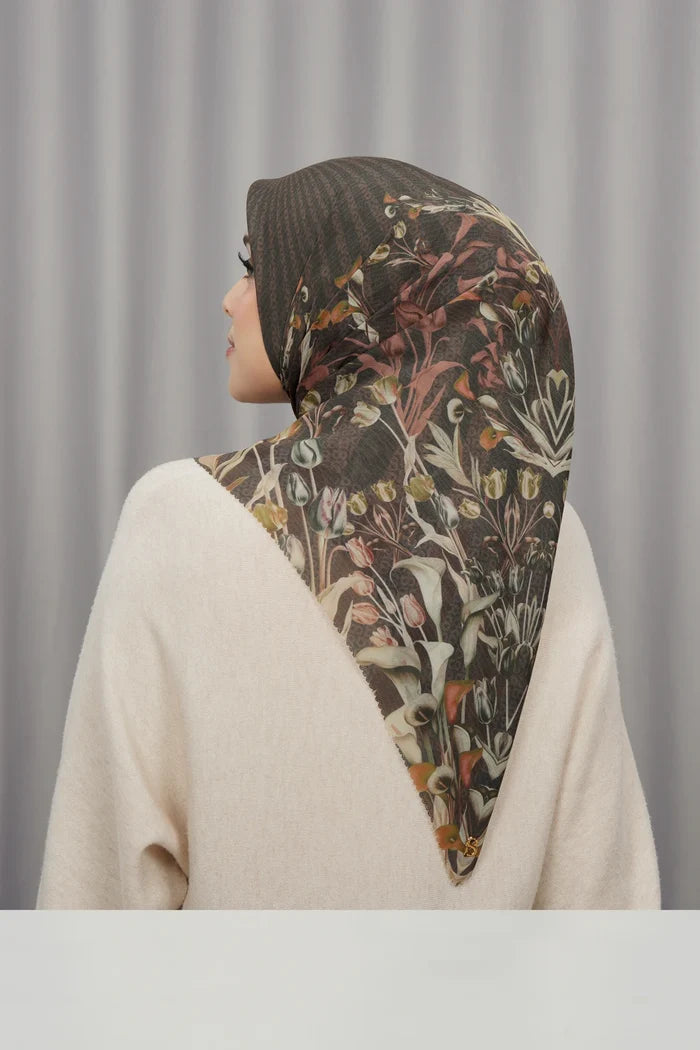 tulip printed square scarf in coffee by buttonscarves back view