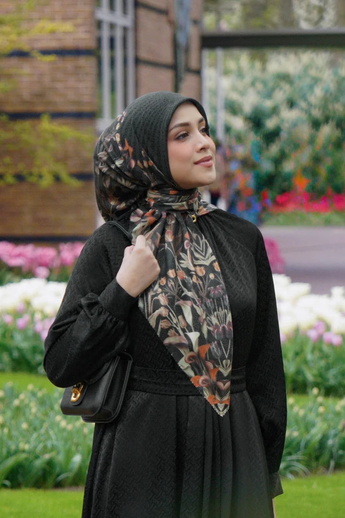 tulip printed square scarf in crow by buttonscarves style look