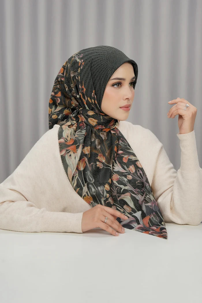tulip printed square scarf in crow by buttonscarves front view