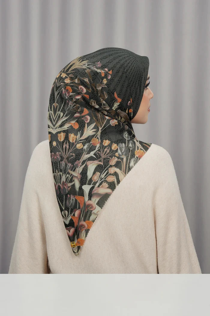 tulip printed square scarf in crow by buttonscarves back view