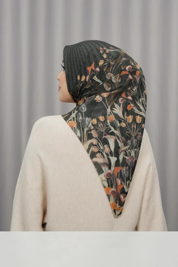 tulip printed square scarf in crow by buttonscarves back view