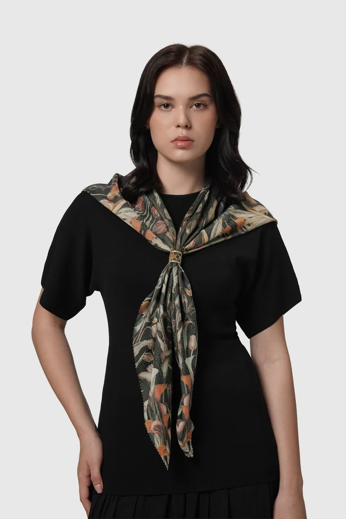 tulip printed square scarf in crow by buttonscarves style look