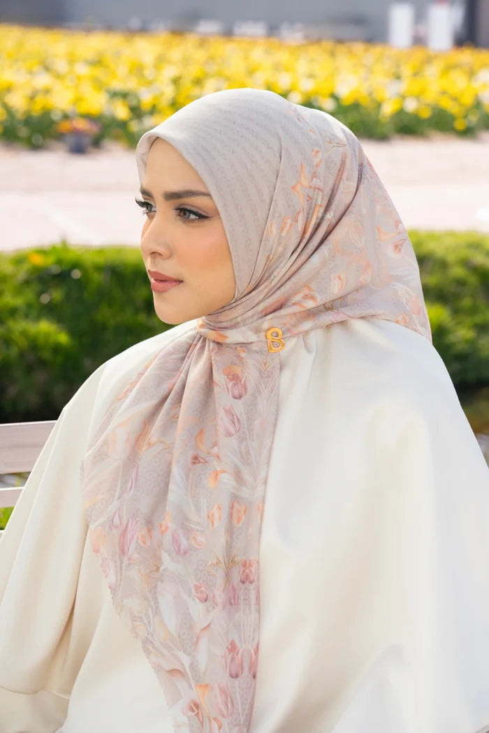 tulip printed square scarf in greige by buttonscarves style look