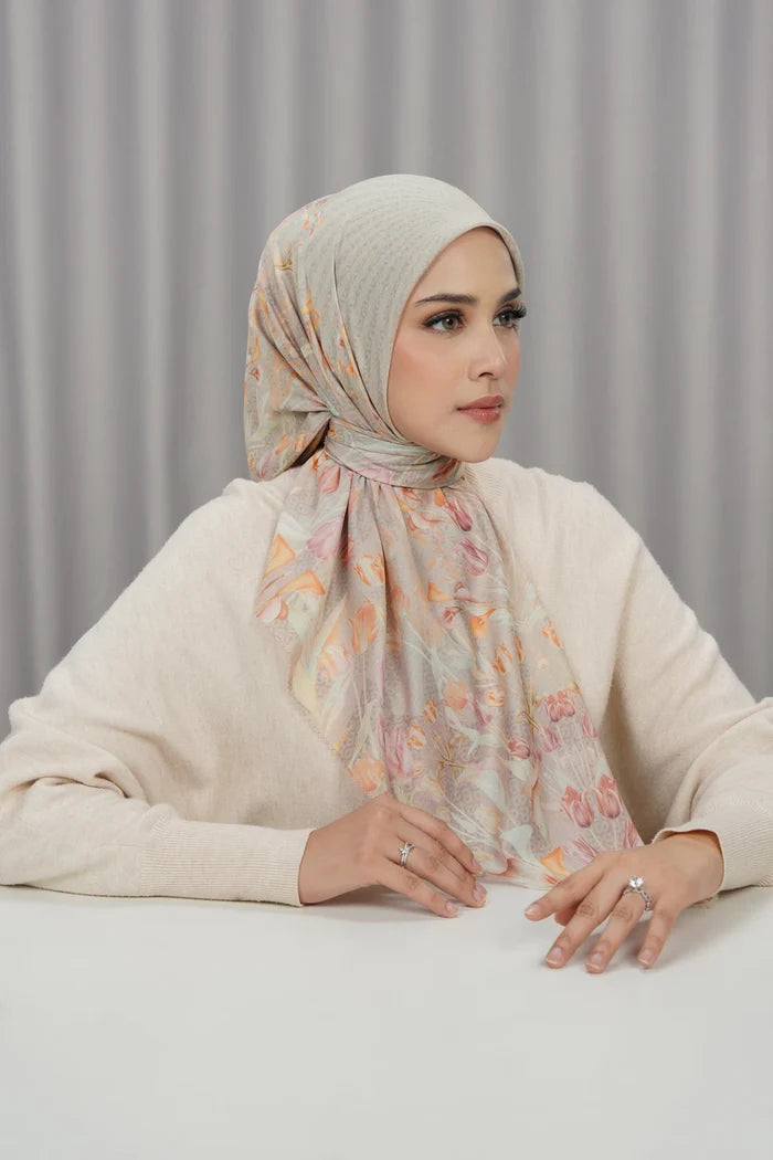 tulip printed square scarf in greige by buttonscarves front view
