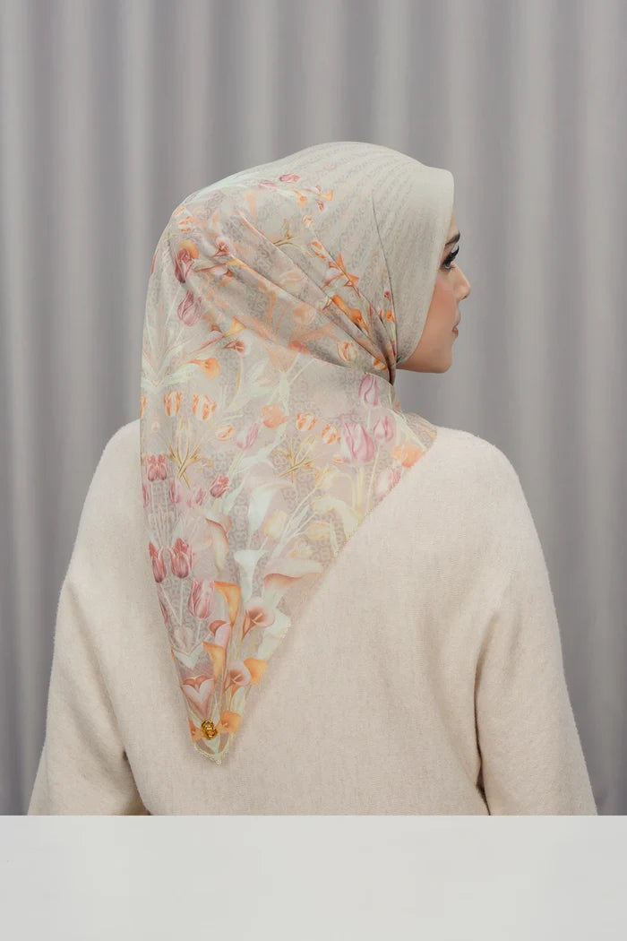 tulip printed square scarf in greige by buttonscarves back view