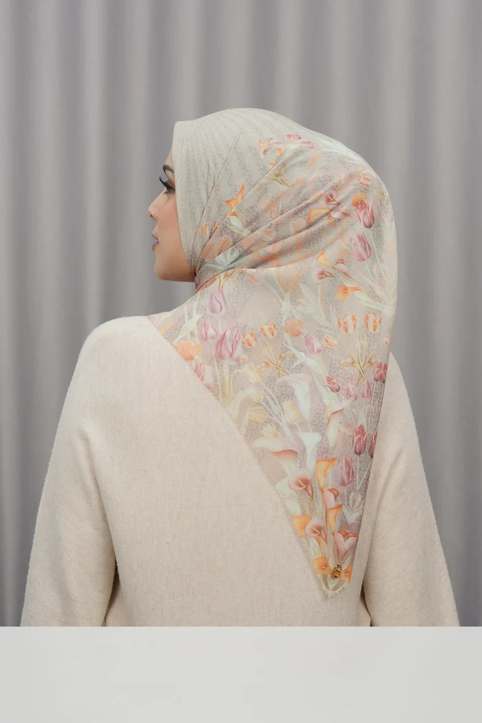 tulip printed square scarf in greige by buttonscarves back view
