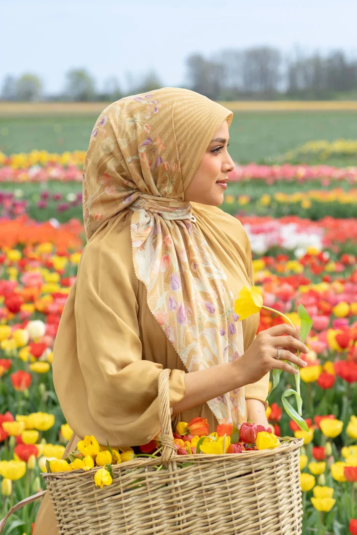 tulip printed square scarf in honey by buttonscarves style look