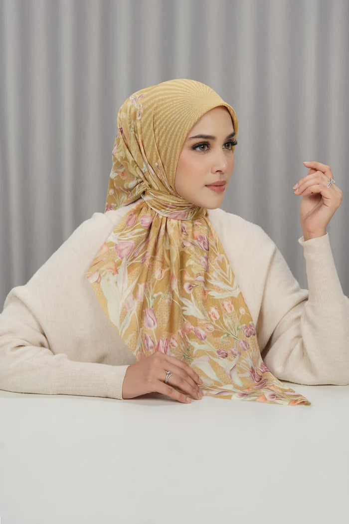 tulip printed square scarf in honey by buttonscarves front view