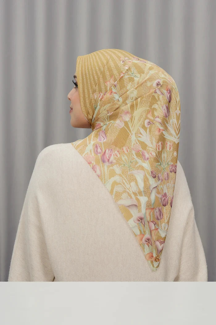tulip printed square scarf in honey by buttonscarves back view