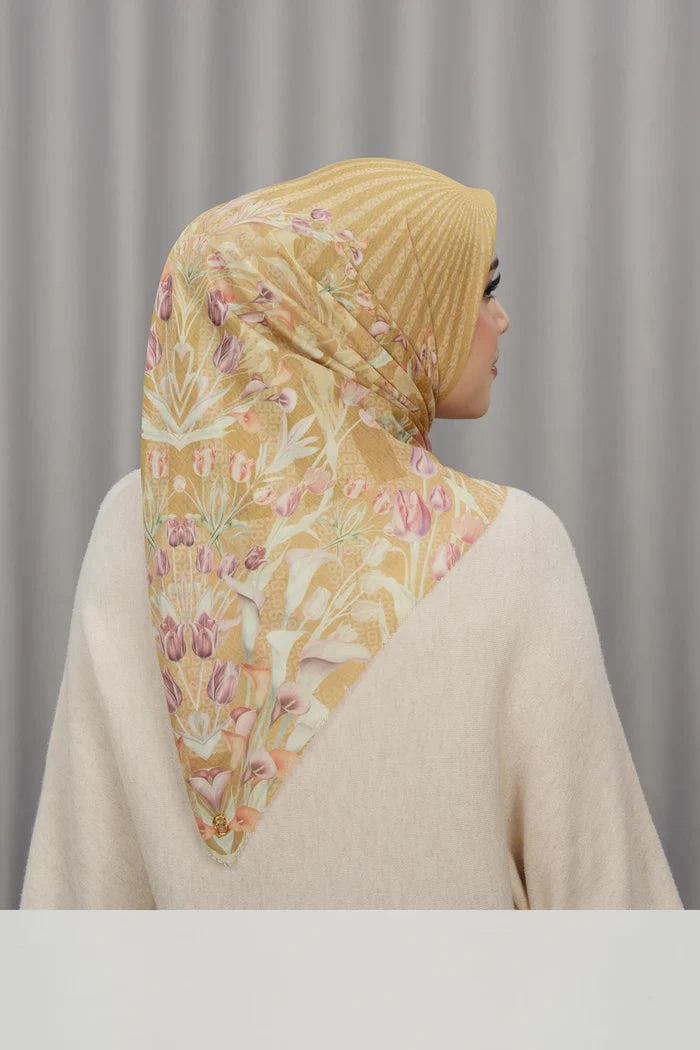 tulip printed square scarf in honey by buttonscarves back view
